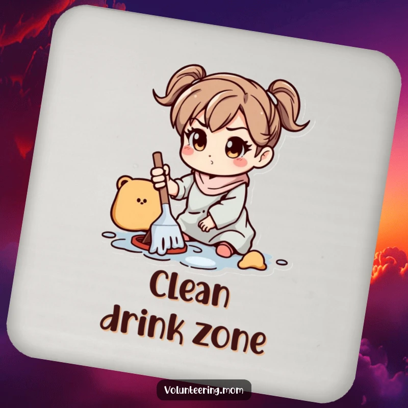 Funny Coaster: A coaster designed with an illustration of a mom character with a determined expression, cleaning up a scattered mess.