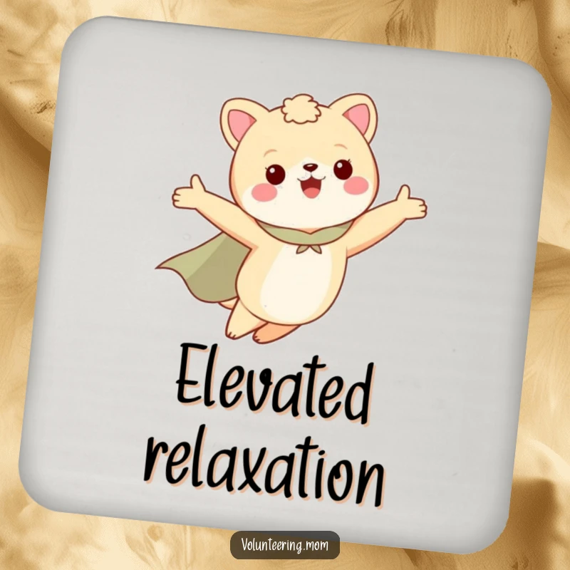 Funny drink coaster with a mom animal character in a cape, flying with arms outstretched, a humorous coaster for moms.