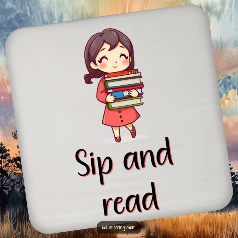 Funny Busy Mom Coasters with a woman carrying a stack of colorful books, protecting surfaces with bookish humor.