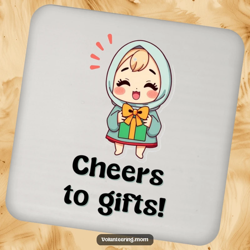 Funny drink coasters depicting a kawaii mom character with a happy expression, excited about a gift.
