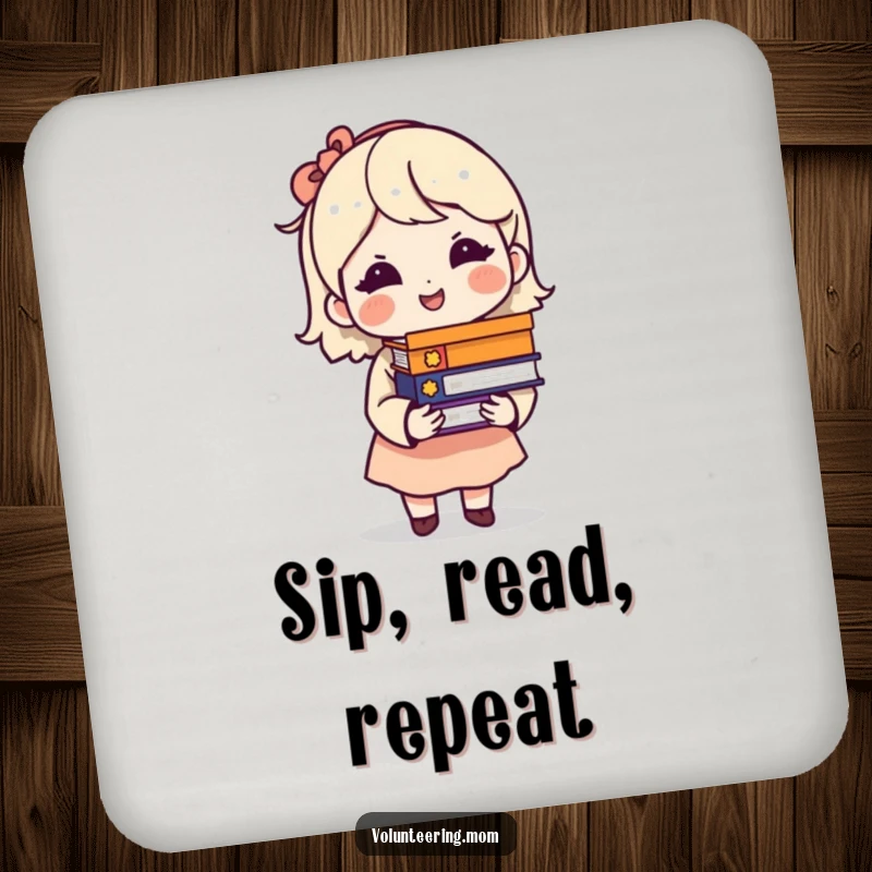 Funny drink coasters depicting a mom character holding a stack of books with an intelligent, knowing smile.
