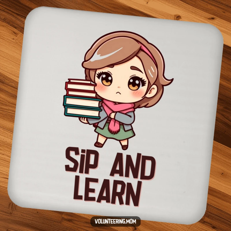 Funny mom drink coaster featuring a determined character holding a stack of books, a humorous addition for book lovers.