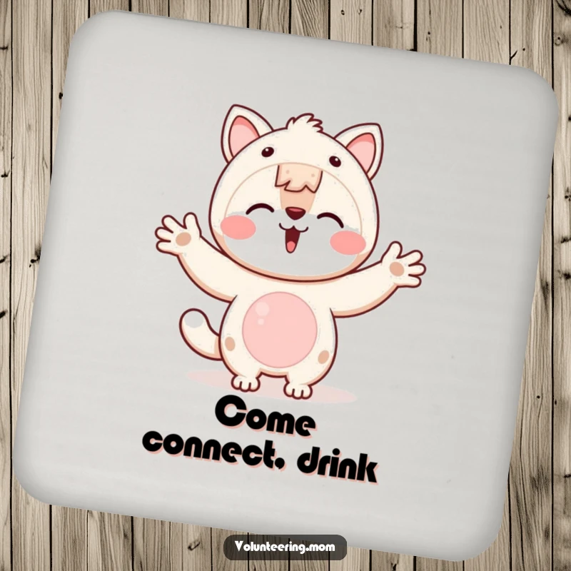Funny Kawaii animal mom coaster depicting open arms, symbolizing welcome and connection.
