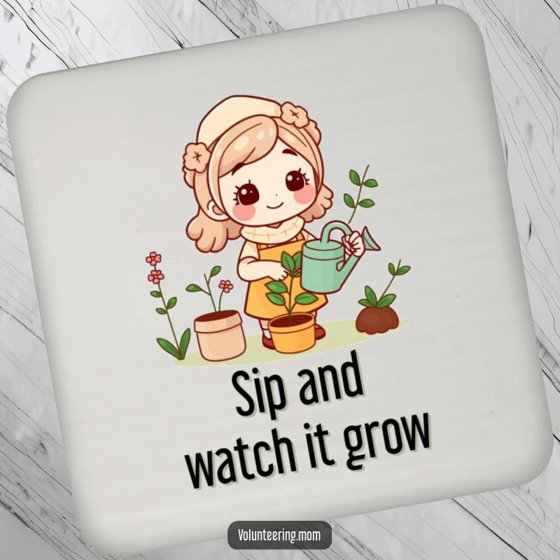 Funny Kawaii Mom gardening coasters, cute mom design protecting surfaces, a charming and humorous addition.