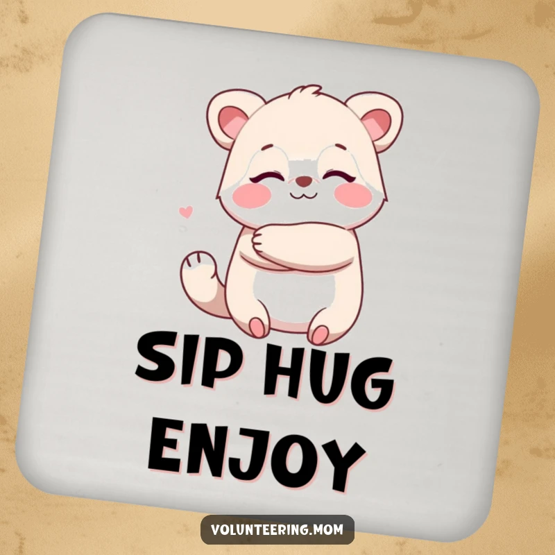 Funny Kawaii animal mom coaster depicting a character giving a big, warm hug.