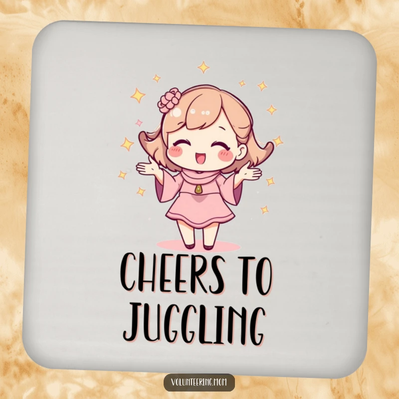 Funny drink coasters featuring a kawaii mom character sparkling and juggling.