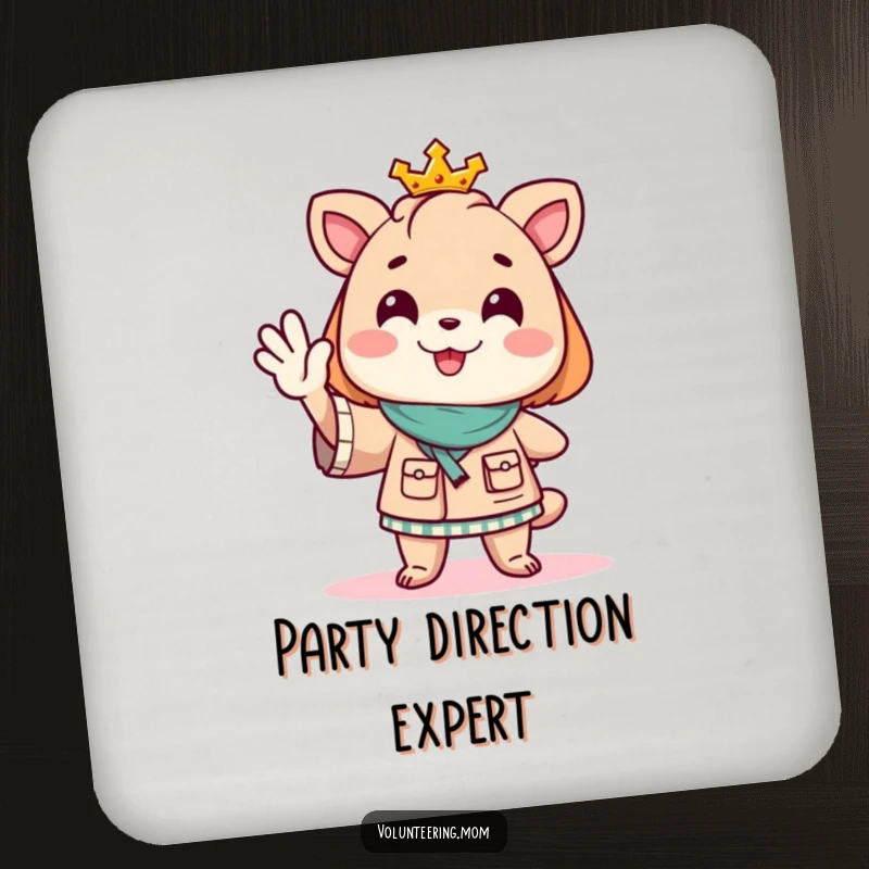 Funny Mom animal character cheerfully directing traffic with a wave, depicted on a drink coaster, adding humor to surface protection.
