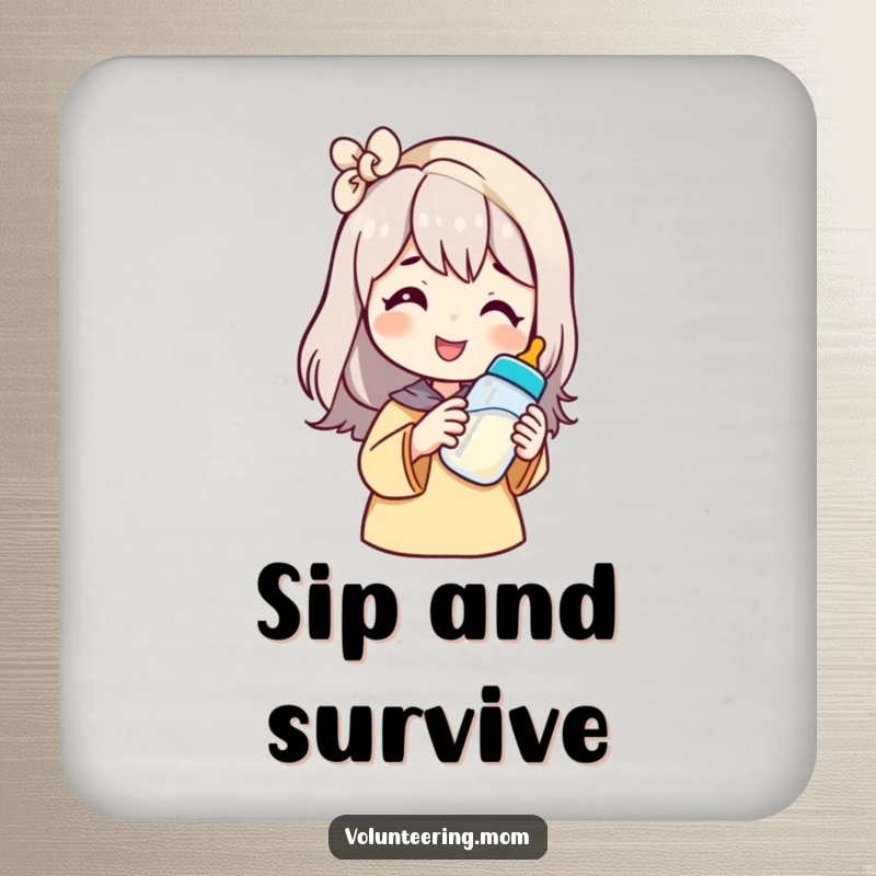 Funny mom drink coaster featuring a smiling character offering a baby bottle, a humorous addition to any table.
