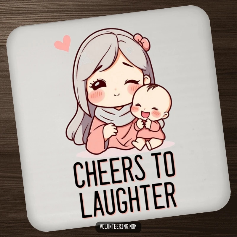 Funny drink coaster with a mom making a funny face to entertain a child, protecting surfaces with humor.