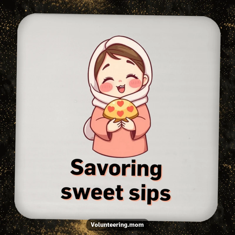 Funny Coaster: A coaster designed with an illustration of a mom character in a hug, offering a pastry.