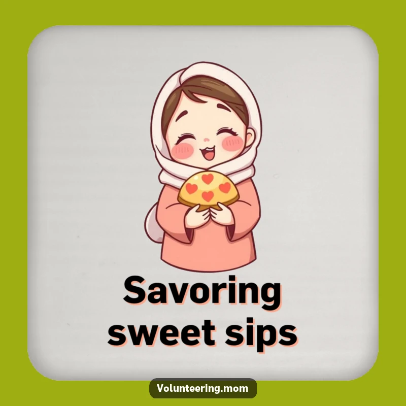 Funny Mom Coaster: Protect surfaces with mom sharing pastry, a small funny gift.