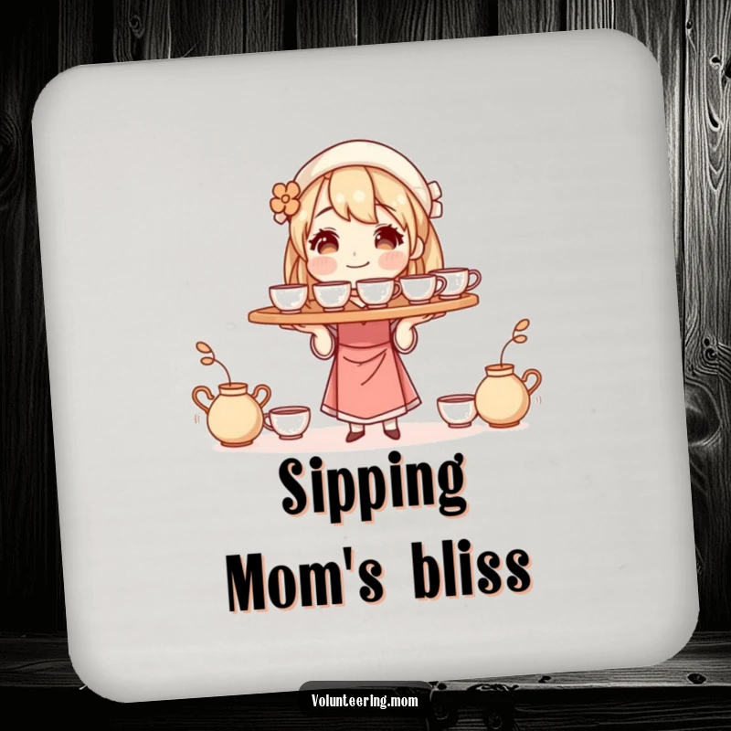 Funny drink coasters with a mom character balancing a tray of steaming cups, perfect for adding a humorous touch to tabletops.