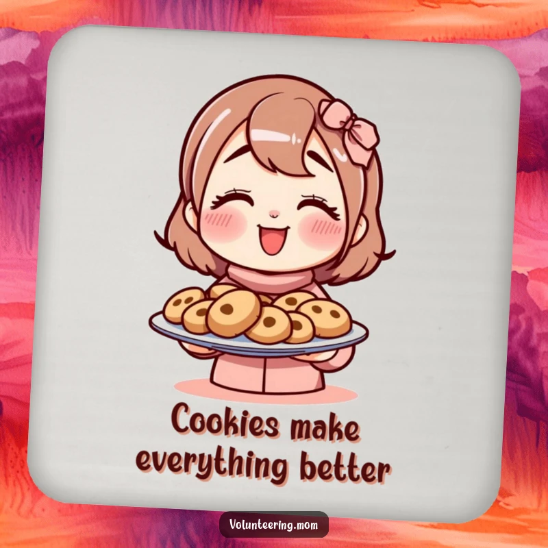 Funny mom drink coaster with an illustration of a mom character holding out a plate of tasty cookies.