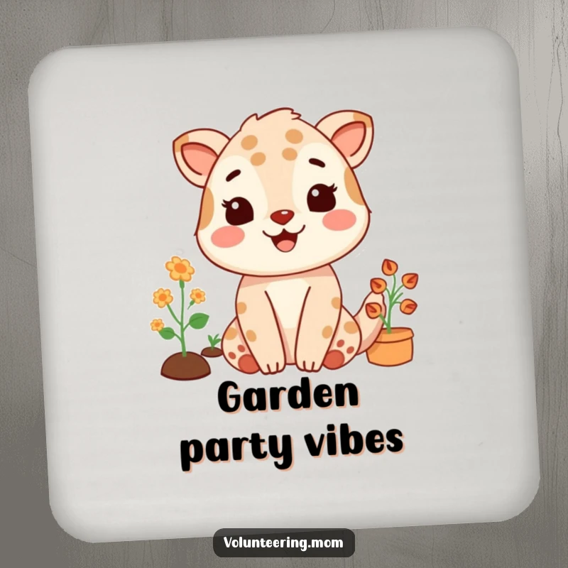 Funny drink coaster with a mom animal character gardening with a satisfied smile, a humorous coaster for plant lovers.