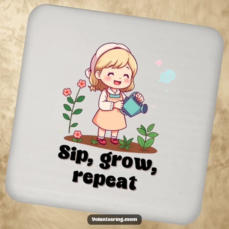 Funny coasters: Mom watering her garden, a humorous and protective addition to tabletops, excellent gift.