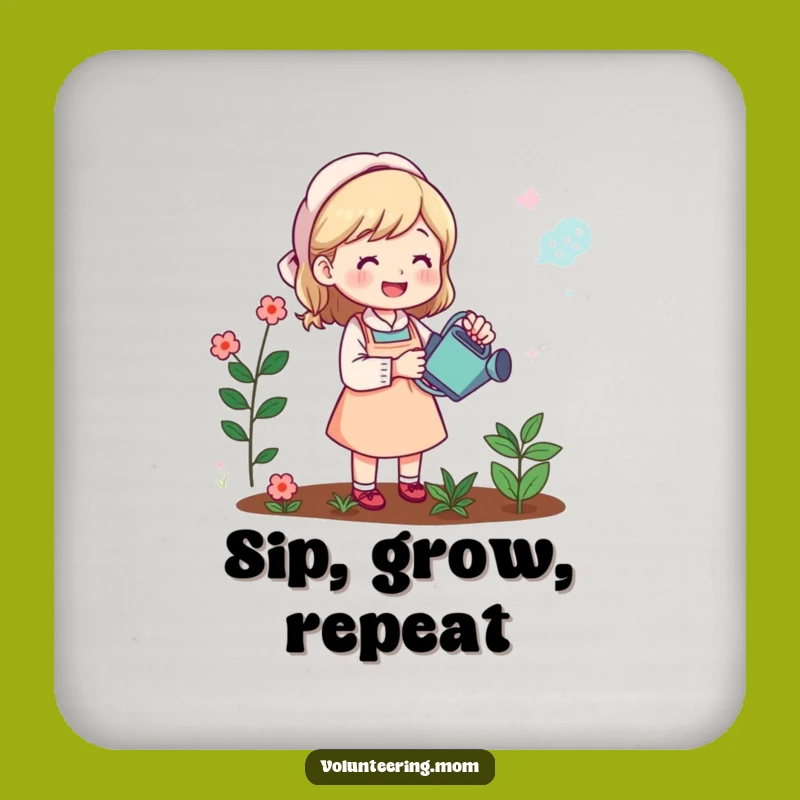Funny Mom Gardener Coaster Set: Cheerful mom tending plants, a humorous gift to protect surfaces.