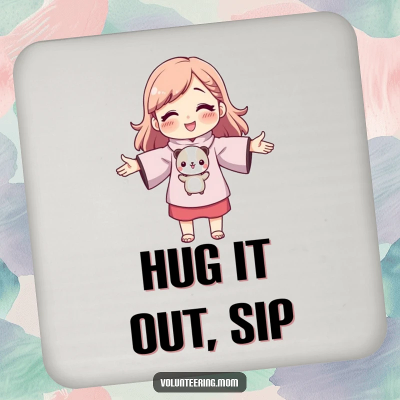 Funny mom character with outstretched arms hugging a small animal, set of coasters, cute loving protector, humorous home accessory.