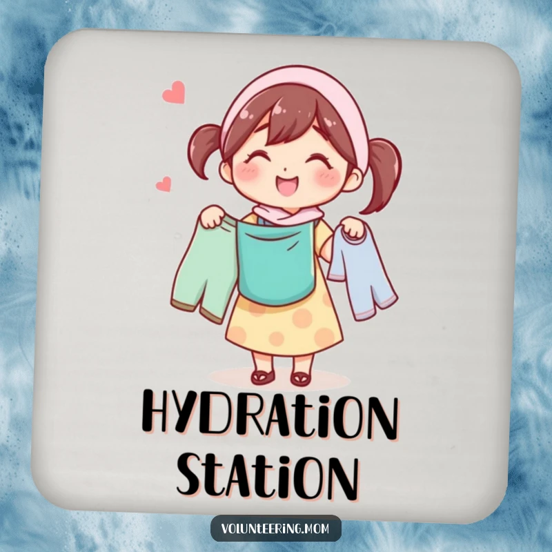 Funny drink coaster with a cheerful mom character humorously carrying laundry, protecting tables with a smile.