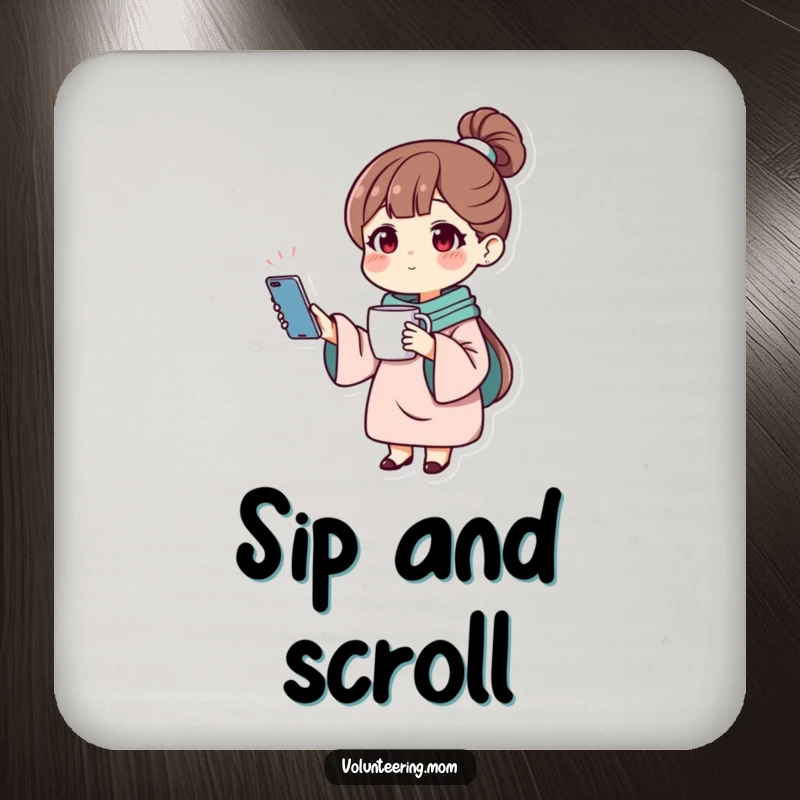 Funny drink coaster with a mom character balancing a phone and a mug, protecting surfaces with humor.