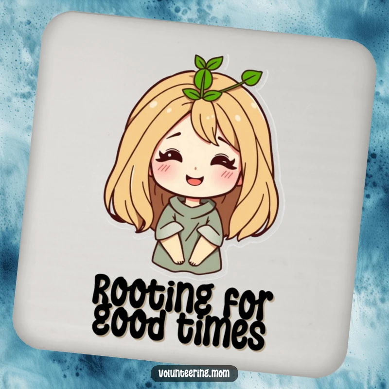 Funny Mom Coasters with a smiling woman and a sprout growing from her hair, protecting surfaces with a touch of humor.