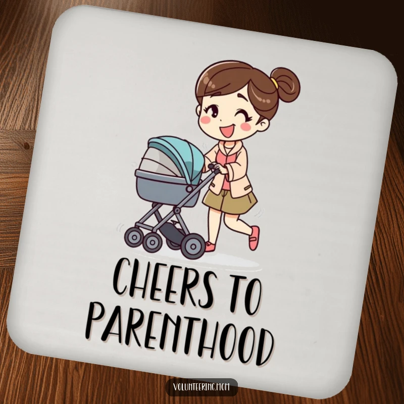 Funny drink coasters with a mom character energetically pushing a baby stroller with a smile, perfect for adding a humorous touch to tabletops.