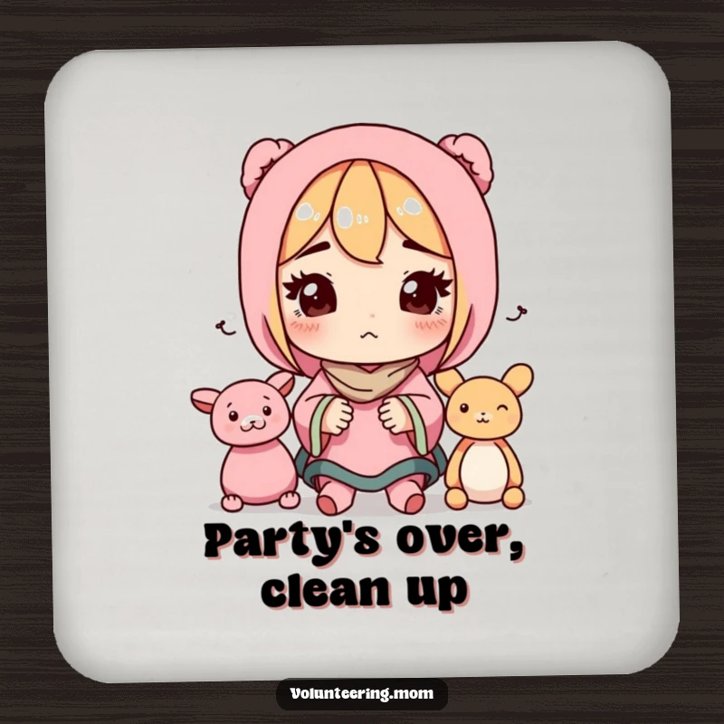 Funny coaster featuring a determined mom character organizing toys, a humorous and functional addition.