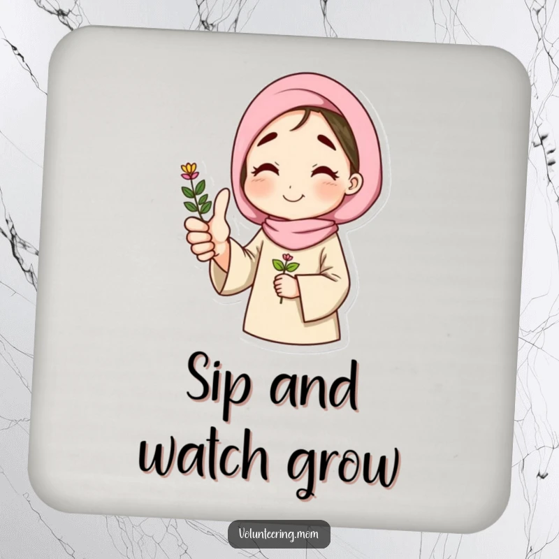 Funny coaster featuring a mom giving a thumbs up, holding a plant, a humorous and decorative addition.