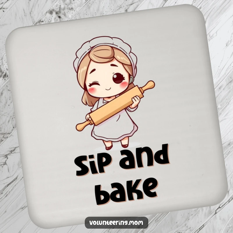 Funny mom coasters, a winking mom character with an apron and rolling pin, adding a humorous touch to drink protection.