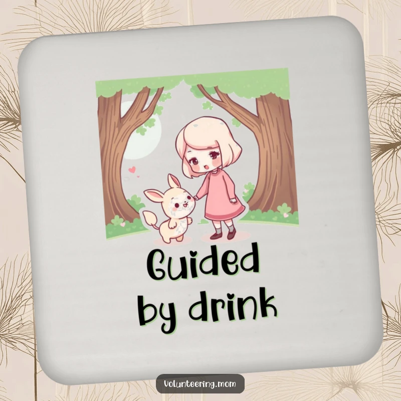 Funny Coaster: A coaster designed with an illustration of a mom character gently nudging a lost creature.