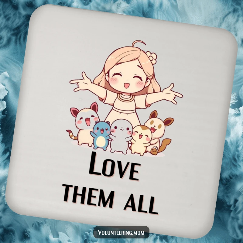 Funny coasters: Mom embracing small creatures with open arms, a humorous and protective addition, excellent gift.