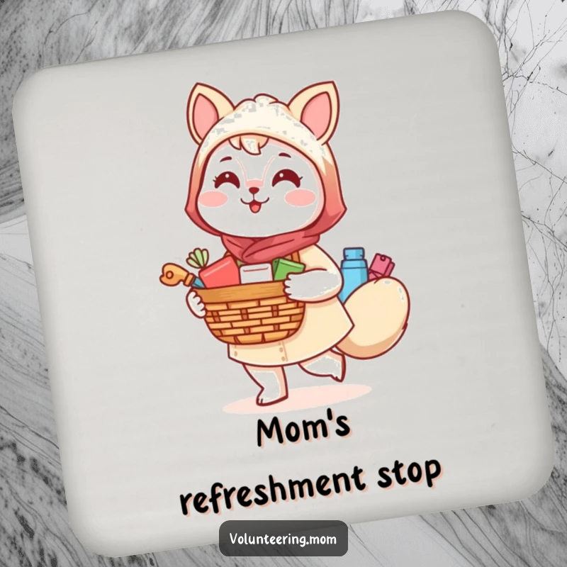 Funny Kawaii Mom Animal Coaster, a cheerful mom character holding a basket, protecting surfaces with a smile.