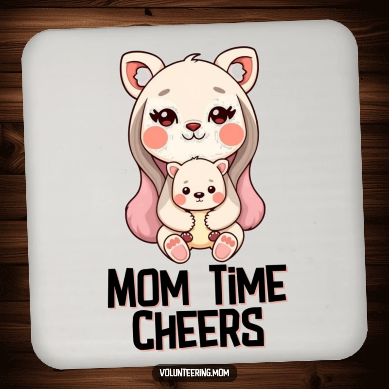 Funny Kawaii animal mom coaster depicting a sweet mother animal holding her baby, symbolizing love.