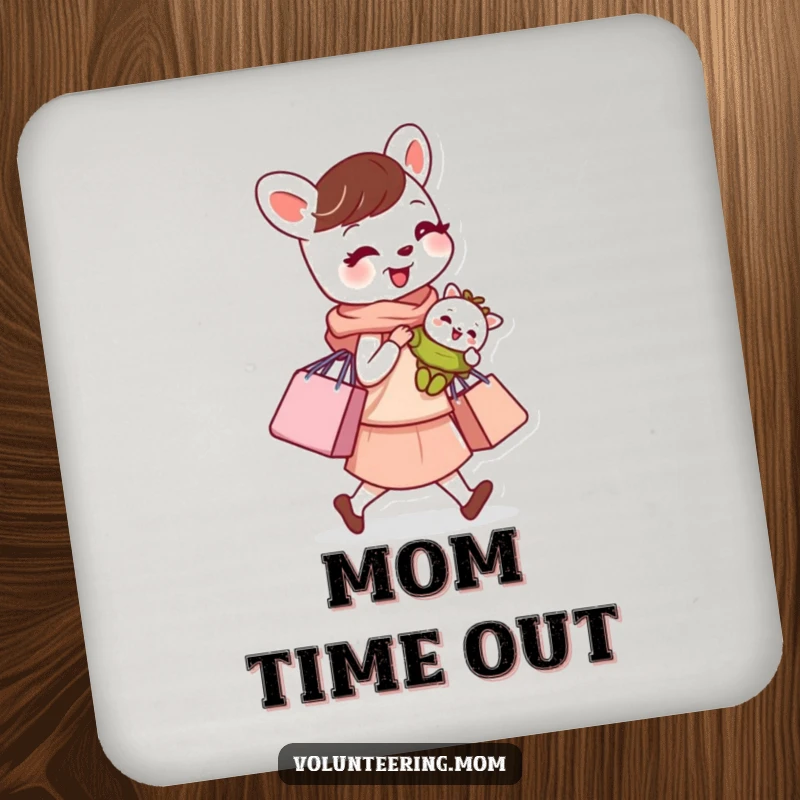 Funny drink coaster with a busy mom animal character carrying a baby and shopping bag, a humorous coaster for parents.
