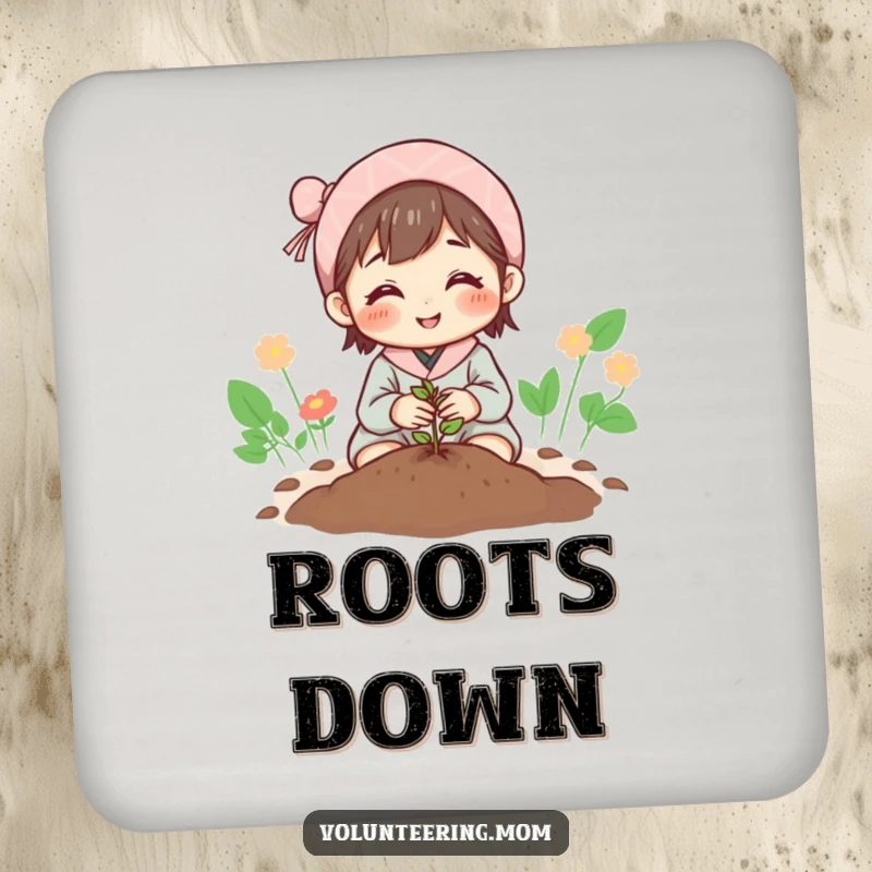 Funny Mom Coaster: Hopeful mom planting a seed, a charming and protective accessory.