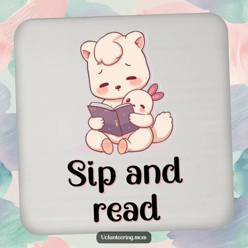 Funny drink coaster featuring a loving Mom animal character reading a book to a small creature, adding a touch of tender humor.