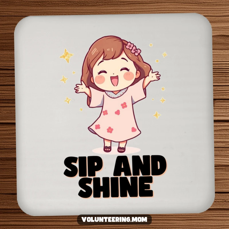 Funny drink coasters depicting a happy mom character dancing with shimmering glittery stars, adding a festive touch.