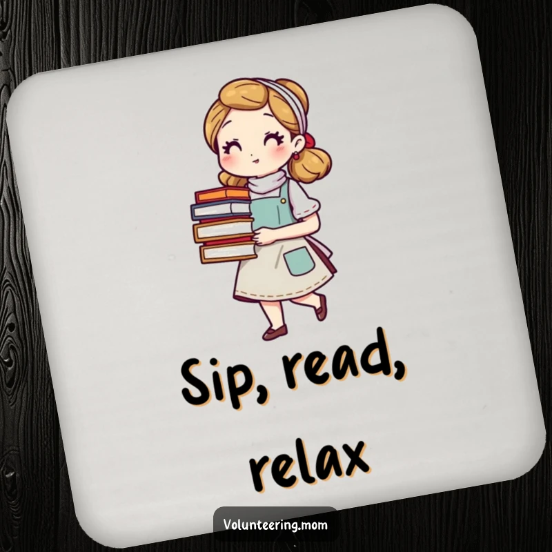 Funny mom drink coasters featuring apron-clad characters with books, adding a humorous and literary touch to table protection, perfect funny gifts.