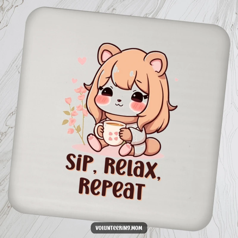 Funny Mom animal character perched on a drink coaster, adding a humorous touch to protect surfaces during beverage enjoyment.