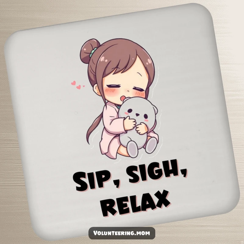 Funny Coaster: A coaster designed with an illustration of a mom character hugging a stuffed animal, her face expressing relief.