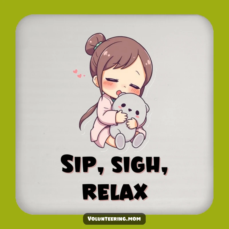 Funny Mom Coaster: Protect surfaces with a relieved mom hugging toy, a small funny gift.