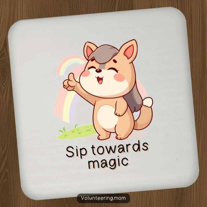 Funny drink coaster featuring an excited Mom animal character pointing at a distant rainbow, adding a touch of hopeful humor.