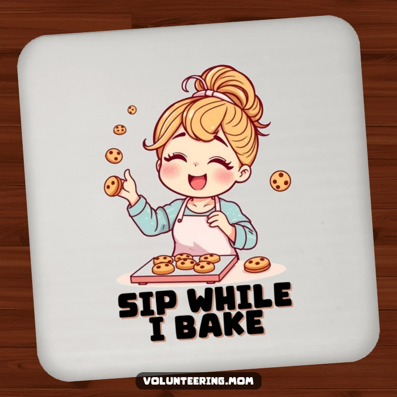 Funny mom character with a messy bun joyfully baking cookies, on a protective drink coaster.