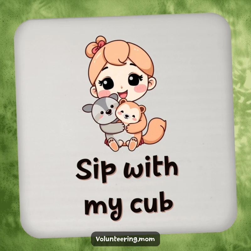 Kawaii mom character with a loving smile holding a cute baby animal, on a protective drink coaster.