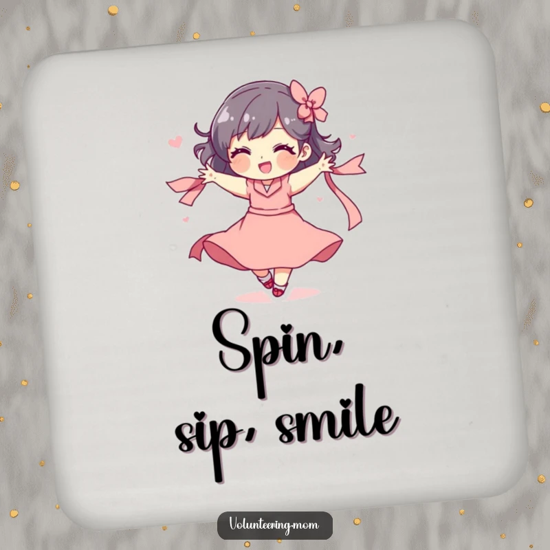 Funny drink coasters depicting a mom character in a playful spin with a ribbon, adding dynamic flair.