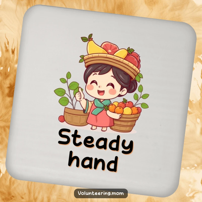 Funny Mom Coaster: Cheerful mom balancing a fruit basket on her head, a cute and humorous drink accessory.