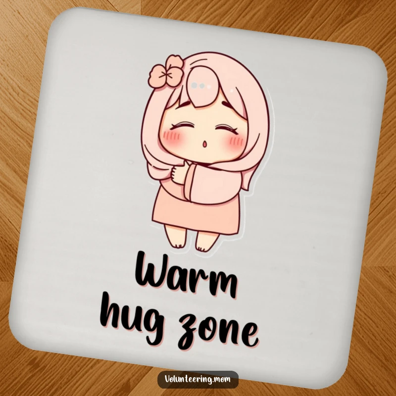 Funny Mom Hug Coasters: Cute mom character with eyes closed, giving a warm hug, perfect for protecting furniture with a funny flair.