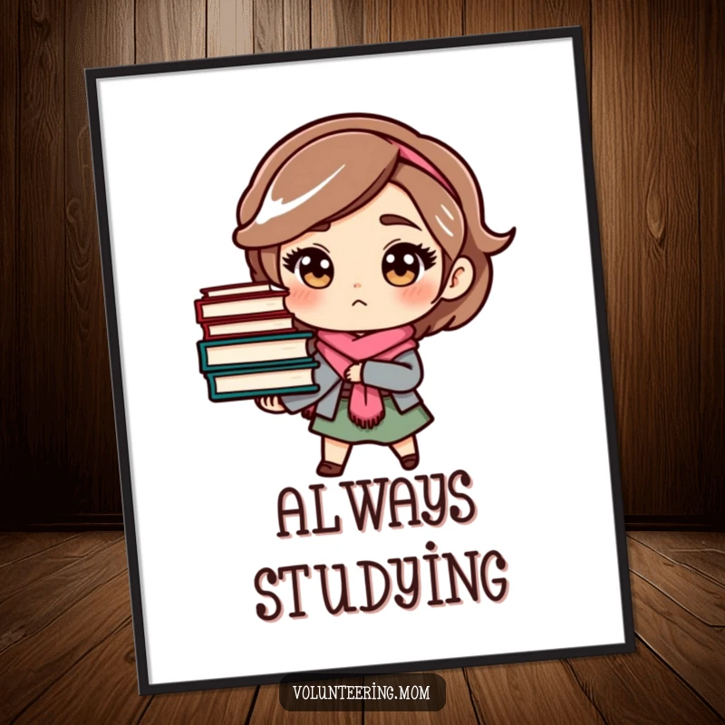Funny mom poster featuring a determined character carrying a stack of books, inspiring artistic wall decor.