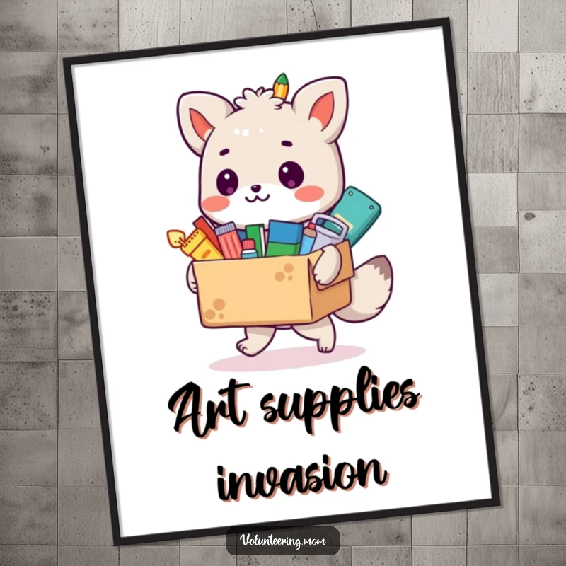 Funny animal artist poster with a box of art supplies overflowing with colorful items, a vibrant and humorous artwork.