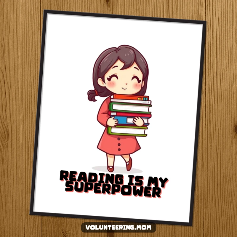 Funny Busy Mom Poster featuring a woman carrying a stack of colorful books, celebrating her love for literature.