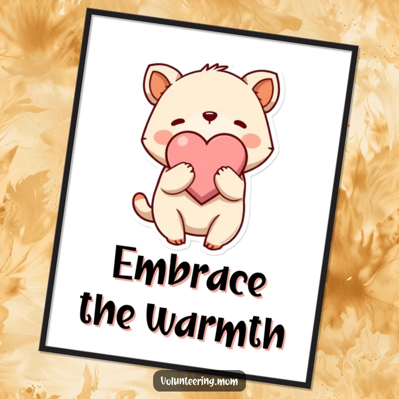 Funny Hug Poster illustrating a cute animal character giving a gentle embrace to a large heart symbol, radiating love.